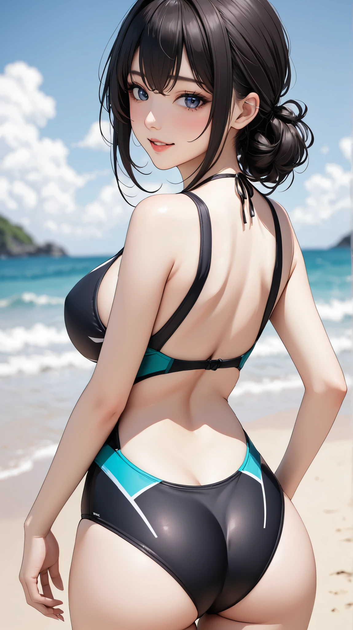 Masterpiece, Excellent, 1 female, brunette hair, bare shoulders, long hair, swimsuit, denim photos, dynamic pose, dynamic angle, exposed breasts, huge boobs