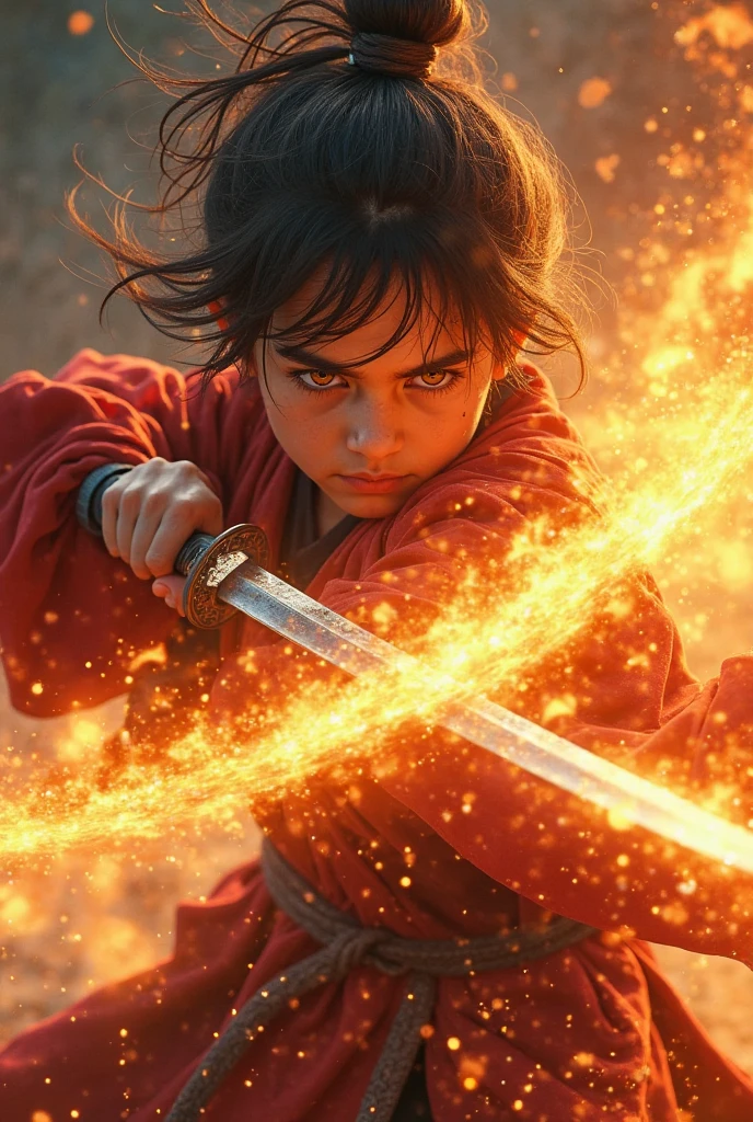 Akai a cute and beautiful boy wearing kimoni and have a sword running