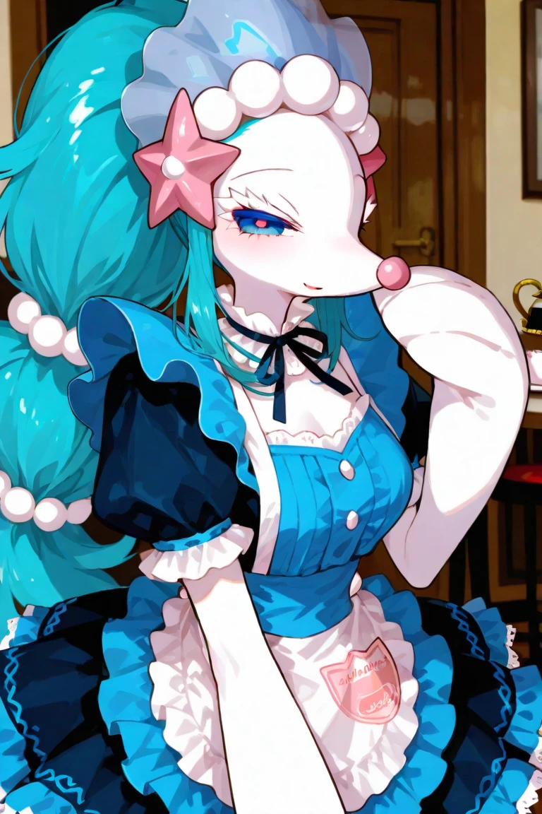 (My little pony), anthro, ((turquoise to white hair gradient)), (white body), red eyes, medium breasts, red lips, perfect lines, beautiful quality, room, ((very shy pose)), ((maid costume)), mage hat, radiant light, white stockings, black panties under clothes, big ass, front view, black bra under clothes,