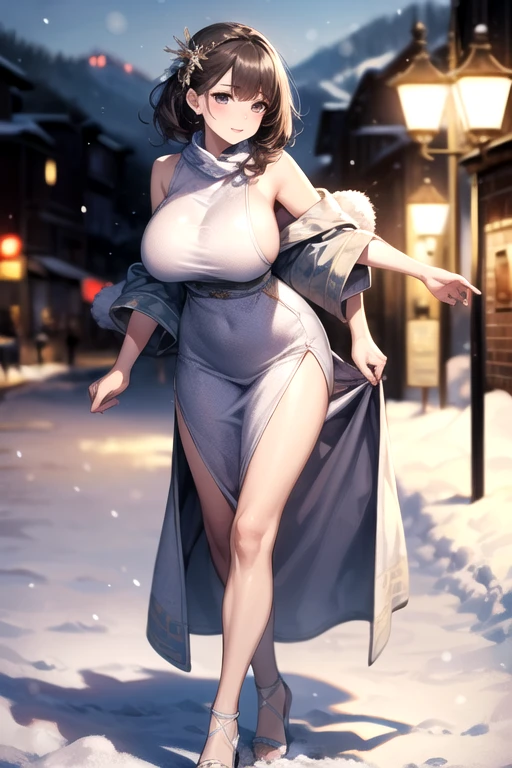 (table top、highest quality、8K、Award-winning work、ultra high resolution)、a beautiful norwegian woman、(Wearing an elegant thick fur beige coat:1.2)、long knit sweater dress、perfect fit、brown hair、bionde、blue eyes、white skin、(big cleavage:1.1)、Very long wavy hair、epic movie lighting、(romantic love feeling:1.1)、(The most romantic and moody atmosphere:1.1)、winter、snow scene、It&#39;s snowing、(Walking through the snowy streets of Norway:1.2)、Look at me、(Exposing big breasts that are about to burst:1.2)、(Most emphasize the body line:1.2)、very long hair、blurred background、accurate anatomy、ultra high definition hair、Perfect and beautiful teeth in ultra high resolution、Ultra high definition beauty face、ultra high definition hair、Super high-definition sparkling eyes、Shining, ultra high-resolution beautiful skin、ultra high resolutionの艶やかな唇、(Full body photo:1.3)、(exposing long bare legs:1.1)、(expose long legs:1.1)、(pregnancy:1.1)