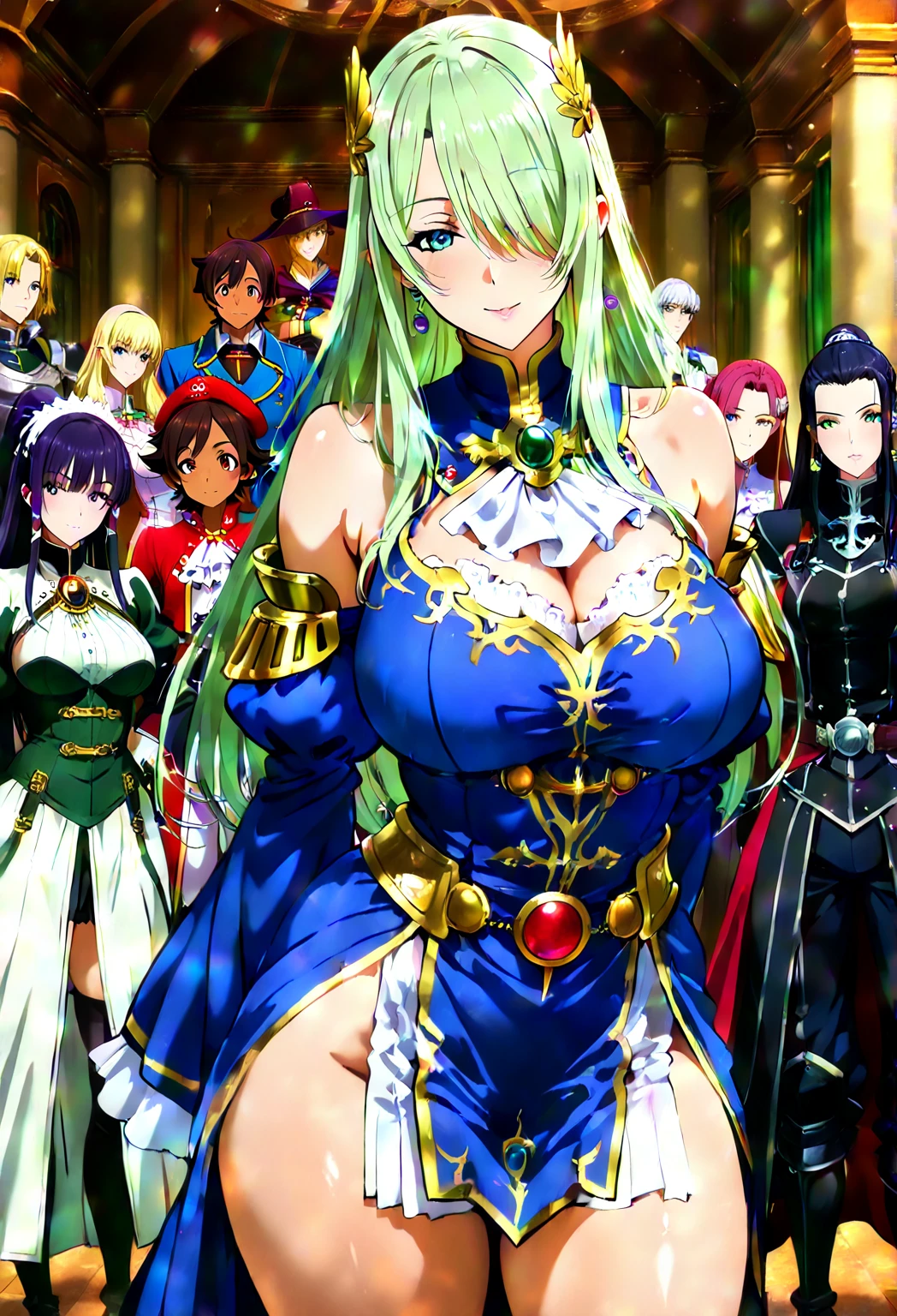 (masterpiece),(ultra-detailed), (high quality), (high resolution), (best quality:1.5, highres, UHD), highres, absurdo, ultra detail, ultra quality, ((2heads:1.5)), 1girl, (long hair), light green hair, glowing light blue eyes, cleavage, thighs, (green armor), female warrior, insignia, (fully armored), (medieval outfit), hammer weapon, armored chest piece, gorgeous female knight, Guild Clothes with Armor, ((mature woman)), seductive silhouette, cleavage, smooth and lustrous skin, sexy proportions, slim legs, ((beautifully tall and slim woman)), futuristic city, gentle smile