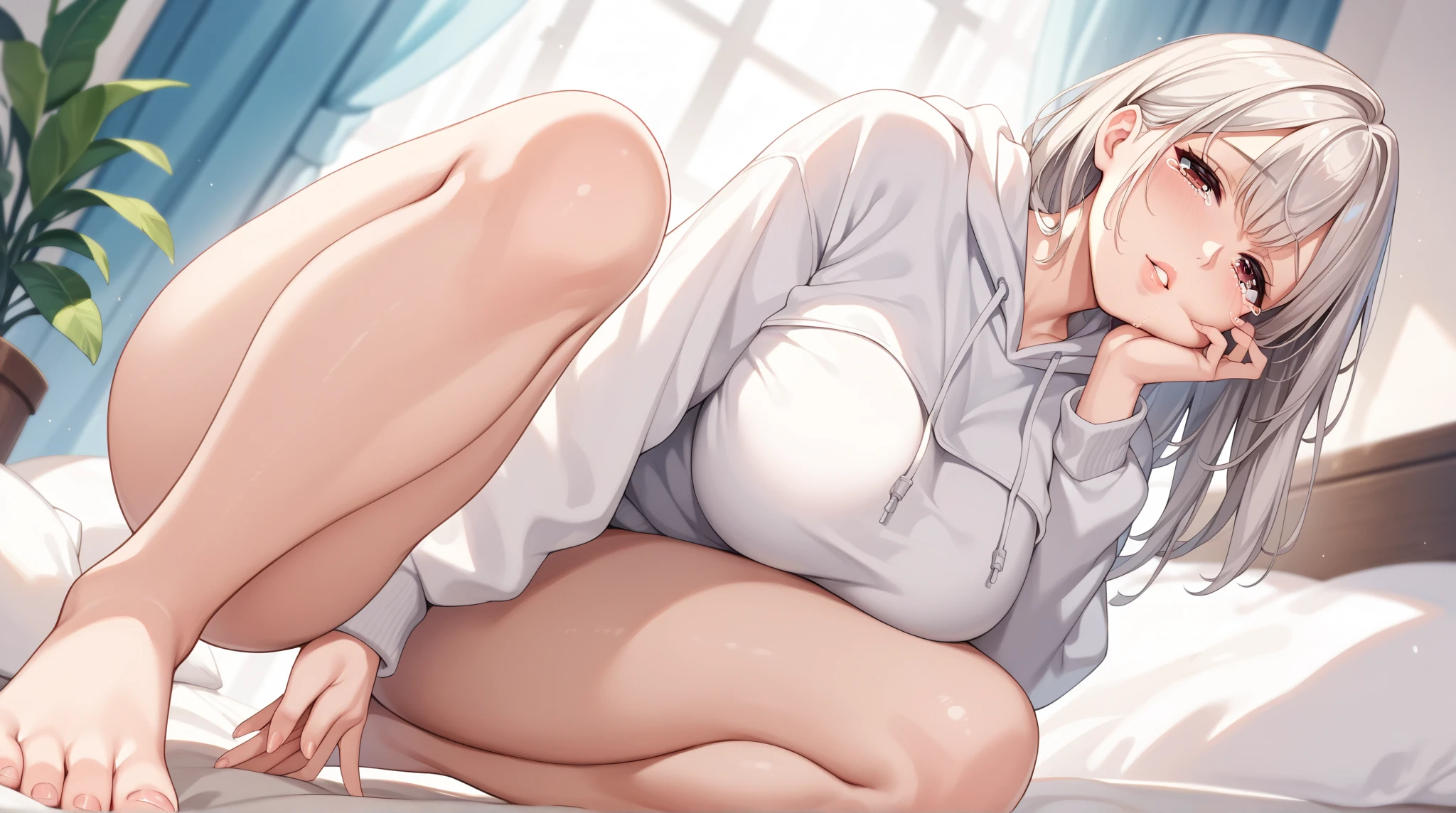 nsfw,beautiful girl,Anime Face,older sister,Gray Hair,ponytail,steam,(low quality,worst quality:1.4),extra limbs,missing limb,extra digit,fewer digit,missing digit,missing finger,fused fingers,mutated hands and fingers,1girl,sweat,white t-shirt, ,take off,Jeans,Open legs wide,embarrassed,Open legs wide,sitting with one's back turne ,open vagina,brown vagina,on the bed,pussy juice,female masturbation