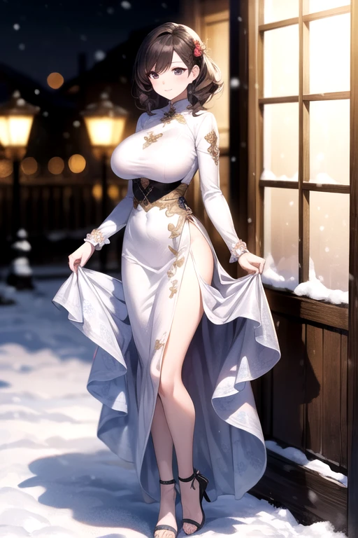 A lady with extraordinary temperament, she stands in a modern indoor space, as if she is a model from a fashion magazine. She is wearing a (pure white long fur cape), the softness and luster of which makes her look more noble under the light, and complements her (beige dress) underneath, showing her gentle temperament while maintaining a sense of fashion. The style of the dress is simple and generous, a perfect match, and it lengthens her figure, making her tall and charming. The lady's makeup is delicate and elegant, which just highlights her facial features and makes people unforgettable at first sight. Although the earrings and necklace she wears are not ostentatious, they add a bit of sophistication and nobility to her overall look. Her hair is casually draped over her shoulders, and every strand of hair exudes a natural luster,, (best quality,8k,highres,masterpiece:1.2),ultra-detailed,(realistic,photorealistic,photo-realistic:1.37),studio lighting,ultra-fine painting,sharp focus,physically-based rendering,extreme detail description,professional,vivid colors