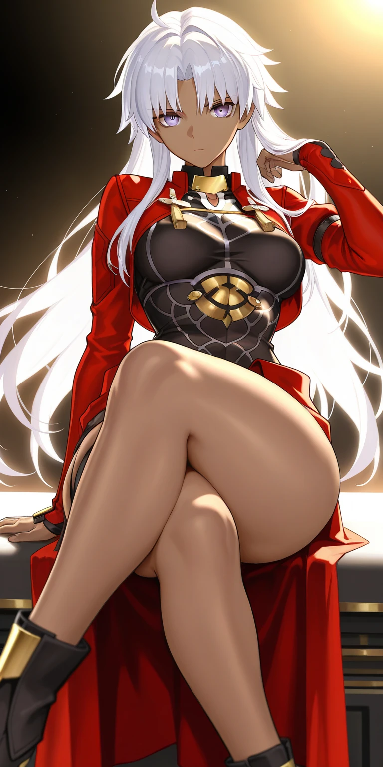 Blue gold Knight armor, knight helmet, skirt, huge, head band, busty, silver hair, elf ears, cool face, beauty mark under eyes, intrincate details, detailed, masterpiece, best quality, 4K, HDR, royal hall, bedroom background (Edelgard von Hresvelg, white eyelashes and long hair, purple eyes) elegant adult female, full body sitting on a bed, showing ass to me, RED breastplate, RED skin (1SologirlRED skin:1.2), looking at viewer, shiny, armor, thigh highs, high boots, pauldrons shoulder armor, faulds, poleyn, RED gloves gauntlets, rerebrace, RED military armored boots, yordle muscular lean platinum blonde long twin tails hairstyle at the bedroom lustful smirking smile face red blushed, blush, strong abs, female body builder, tiara, twin drills hair, (masterpiece, best quality, ultra detailed, best shadow)