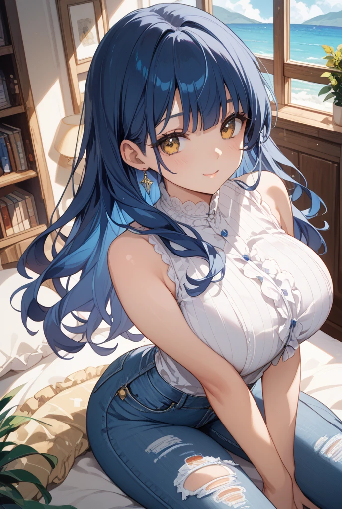 masterpiece, great quality, ultra detail, illustration, game cg, 1girl, solo, (FGOErice), collarbone, cleavage, blush, sitting, bed