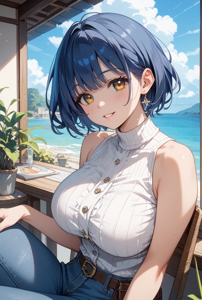 (Highest quality:1.4、masterpiece:1.4、Super detailed:1.4、Ultra-high resolution:1.4、8K:1.4)、Slim body、((((1 person、sit、Surprised expression、Chair、In the background are the urban buildings of Tokyo、looking at the camera、Outdoor café terrace、Navy hair color、juice、table))))、((((nude、very beautiful areola、valley))))、(Pose with hands tucked behind ears:1.4、Cheek resting on hand:1.4)、(:1.1)、(Very cute face:1.4)、Very blue sky、A completely cloudless sky