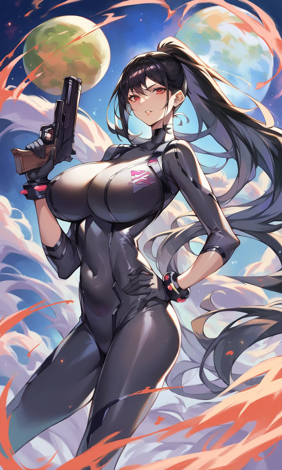 1girl, solo, supervillain, leotard, bare legs, matching boots, sleeveless, looking at viewer, city backdrop, perfect hands, perfect eyes, powering up, perfect leotard, perfect legs, perfect arms, perfect fingers, medium breasts, black leotard, twirl pose, black hair, long hair, knee boots, blue eyes, heart cutout, cute face, black gloves, black footwear, cleavage cutout, evil grin, swirling energy pulse, wind swirls, light particles