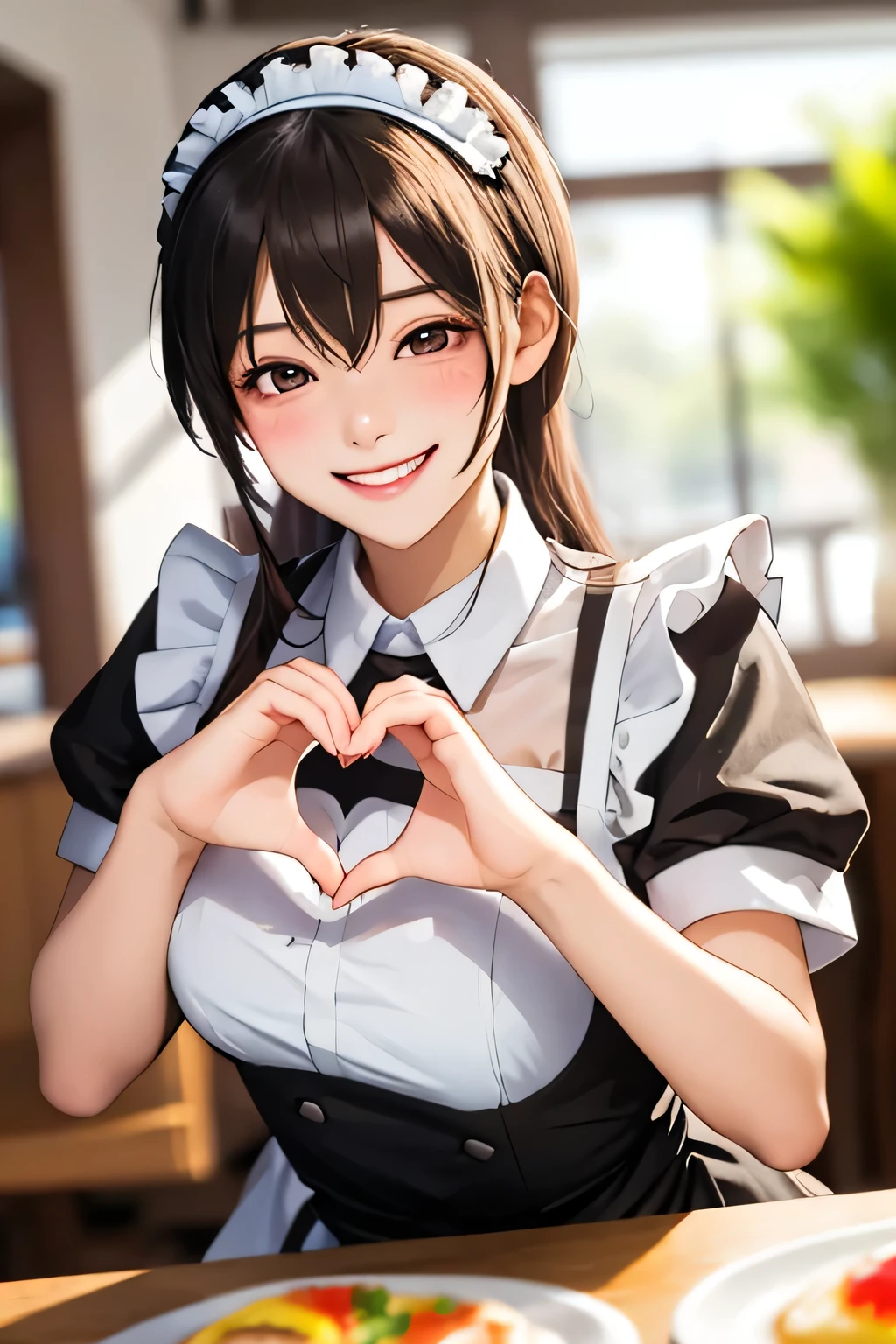 solo, upper body of smiling maid in frilly outfit with delicate lace, maid headband, leaning forward:1.2, wide open smile:1.5, smiling eyes:1.5, beaming grin to viewer:1.4, beaming expression:1.5, blush, both hands forming a heart shape over single Omelette on the table:1.1, low angle:1.1, bust-up, close up face, focal on detailed face:1.2, maid café interior with subtle blurred background