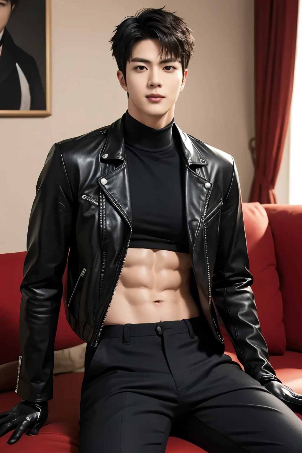 Masterpiece, Best Quality, Solo, Korean Men with big muscular,wide shoulder,big tricept, studio simple background, Natural eyes, Short and delicate red hair, Sexy Man, looking up at the viewer,black COTTON T-shirt,black leather pants with belt, Small plots, Standing, Muscular posture,