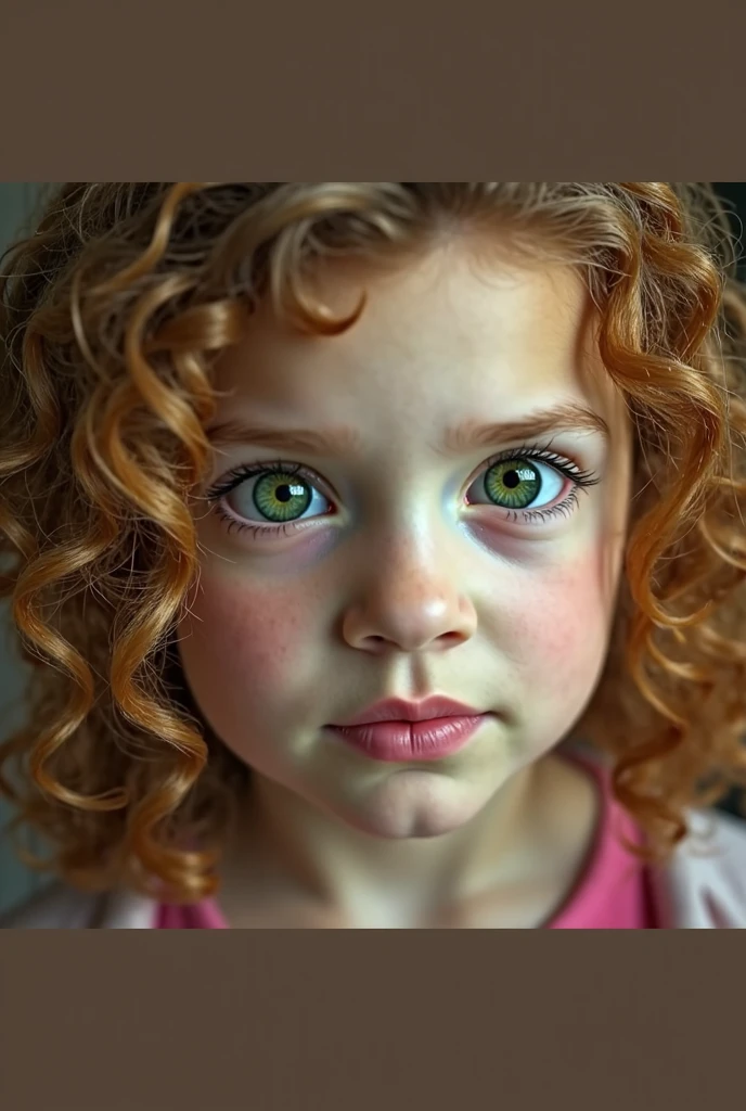 create a portrait of a 16 year old girl with green eyes, a small mole on the right side of her face next to her nose, and curly dark brown hair with red streaks