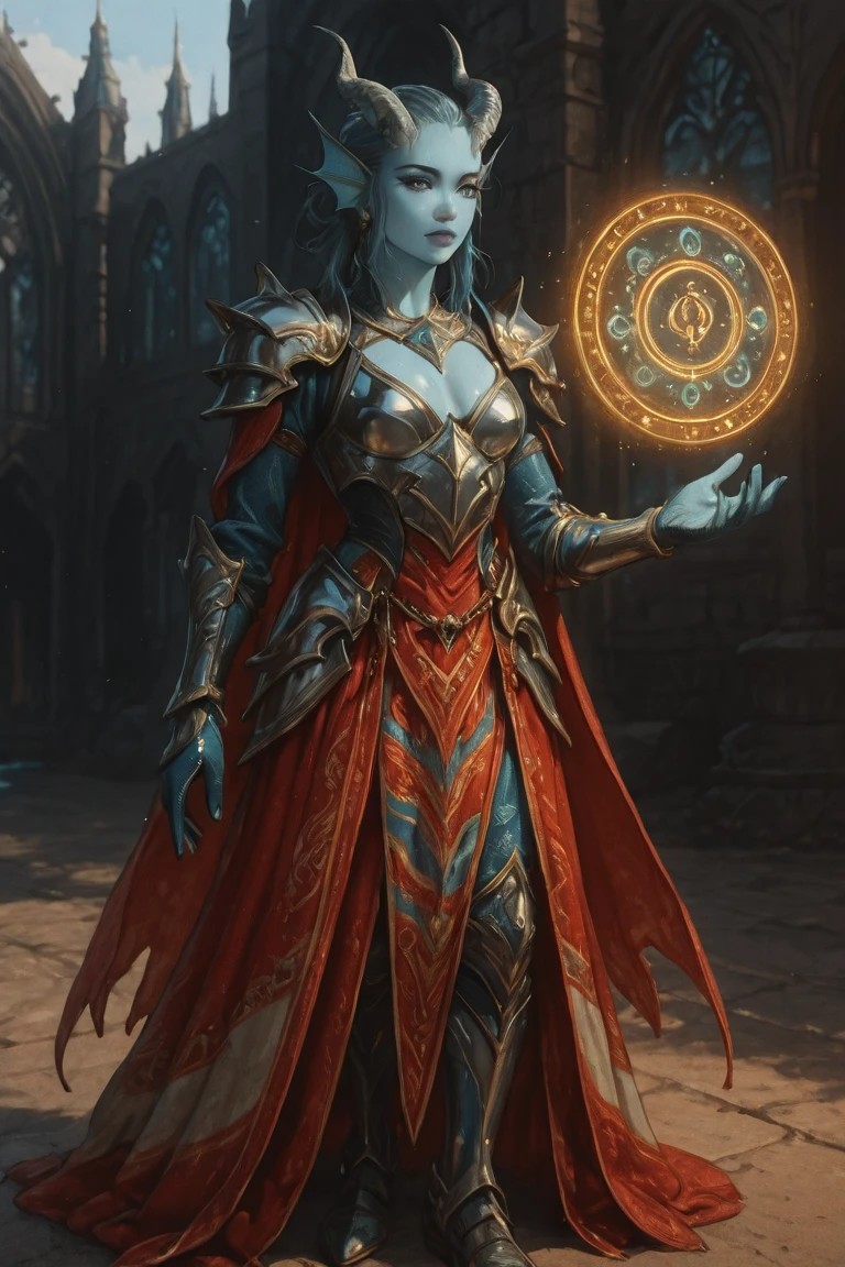 Keep everything from the original without flaws, character description, female 40 years old, Tiefling, playable race of DnD, the race was changed.
The changes in the character: ears with long and prominent gills, have a light blue skin tone, illuminated skin with pearly reflections with a texture as if it were wet, has some designs like arcane glyphs tattoo on her, eyes with sparkling blue irises, on her head she has a pair of horns of the same tone as her skin but a little darker and rougher, her tail has fins and gills, at the tip there is a leaf-shaped fin to help make quick movements in the water while swimming.

Affections and makeup: Her hair is black and loose, the character uses makeup: eyes with silver and lilac shadows, metallic blue eyeliner and small magical sparkles. Lips in deep tones like bluish wine. Her nails are dark, thick, thick, pointed and polished. She is in a middle a giant hall of a big castle.

costume: Silver breastplate with polished metallic finish and ornamental contours, anatomically shaped to fit the bust, featuring articulated plates adorned with fine chains and engraved patterns; large, pointed pauldrons made of the same silver metal, etched with arcane runes or mystical symbols; long sleeves made of deep blue fabric with an elegant finish; matching blue gloves made of leather or similar material, extending to the forearms and seamlessly integrated into the armor; armor extending over the hips with metallic plates and flowing blue fabric draped like a side tunic; decorated with golden chains and embellishments; tight black pants with silver armored sections on the thighs and knees, matching the upper armor; long, flowing blue cape attached beneath the pauldrons, falling elegantly behind the body; color scheme of vibrant blue, metallic silver, golden accents, and subtle black on flexible areas