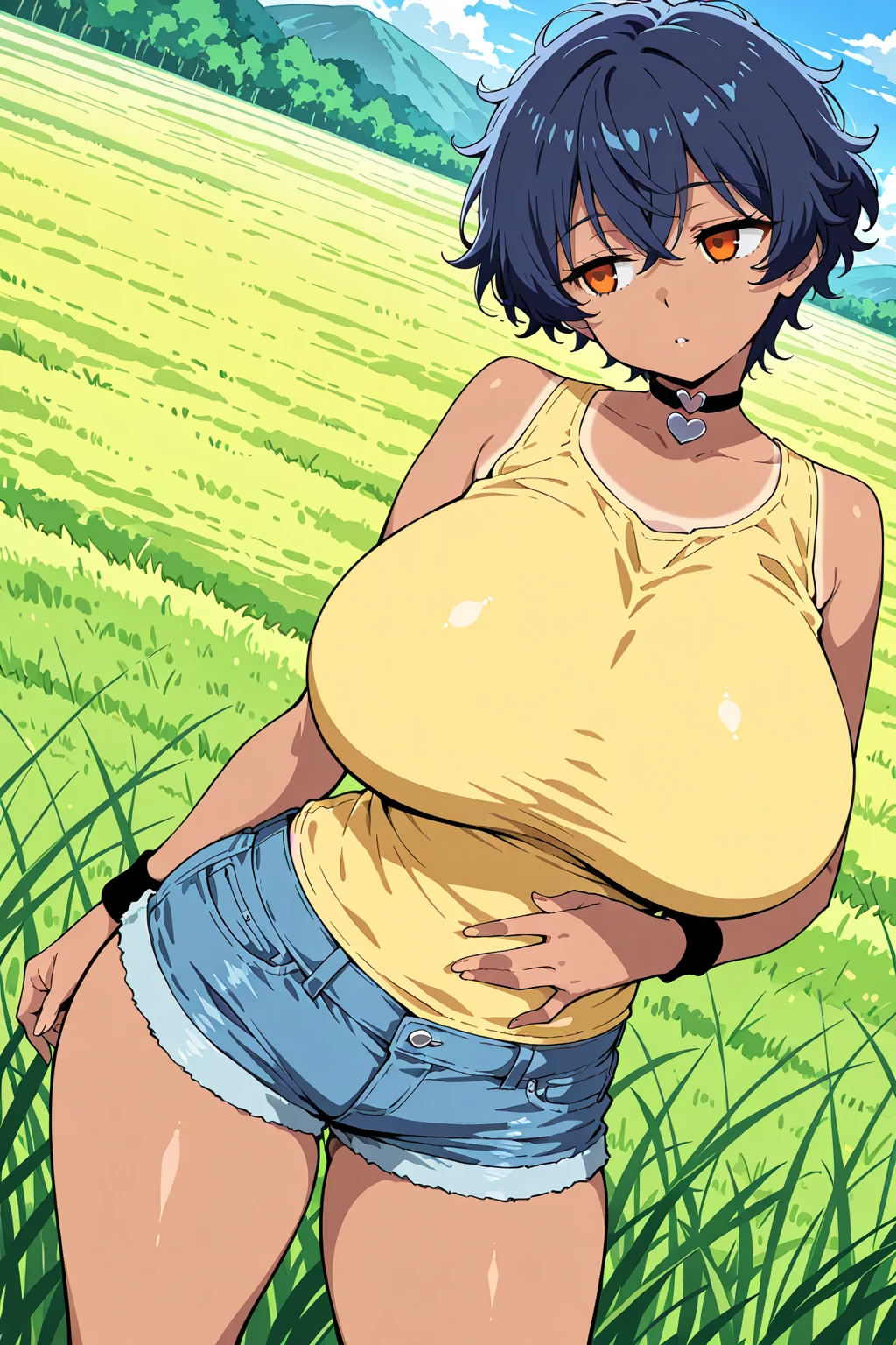 ((((Arte Kipteitei)))), ((high resolution)),obra maestra, alta calidad, Mejor calidad, hermoso, perfect lighting, cara detallada, ultra lindo face, ((1 chica)), ((Solo), ((((Sarashina Ruka)))), ((Cinta para el pelo azul)), camisa de vestir, chaleco negro, pantalones negros, Uniforme de trabajo, (ropa ajustada), calcetines negros, mocasines, mirando al espectador, tiro de vaquero, pose sexy, Dulce sonrisa, lindo, feliz, rubor, pechos grandes, escote, pechos turgentes, (Caderas anchas), ((muslos gruesos)), Regordete, colgar del vientre, (hembra gordita), Trabajar en el cine,