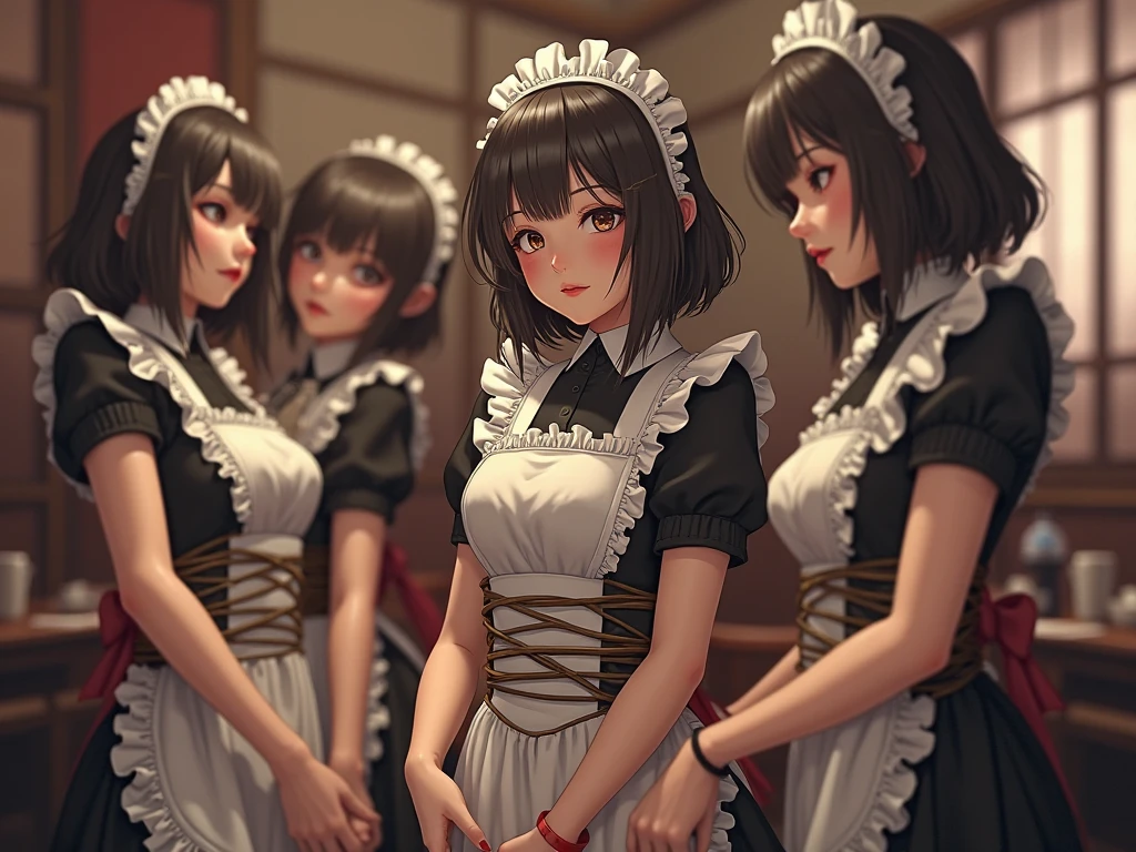 anime,chocolate dark-skinned female,wearing a maid outfit,Eye color is amber,are twins,Background inside the mansion,The composition is stylish. Open mouth in cute way