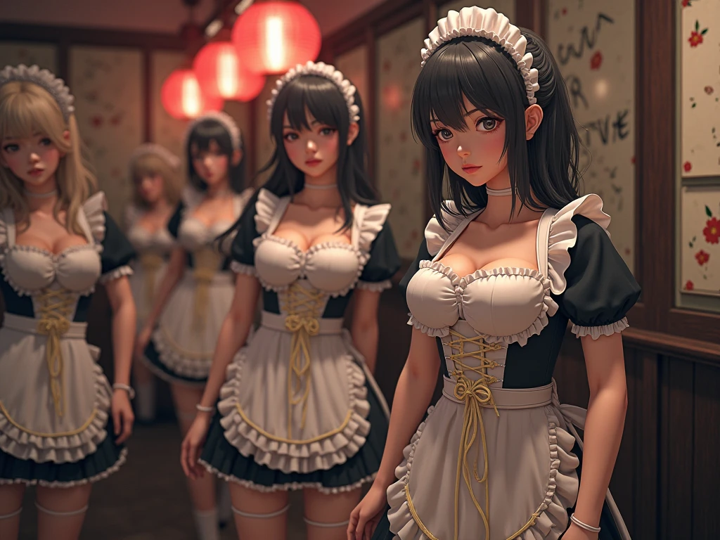 Beautiful shot of 5 females having passionate sex with each other, dynamic poses, female in a crowd of sexy female maids, ((multiple females)), (many beautiful females having sex), female orgy, female crowd, maid cosplay, tied up, ((fisheye lens)), bdsm, ecchi style, high contrast