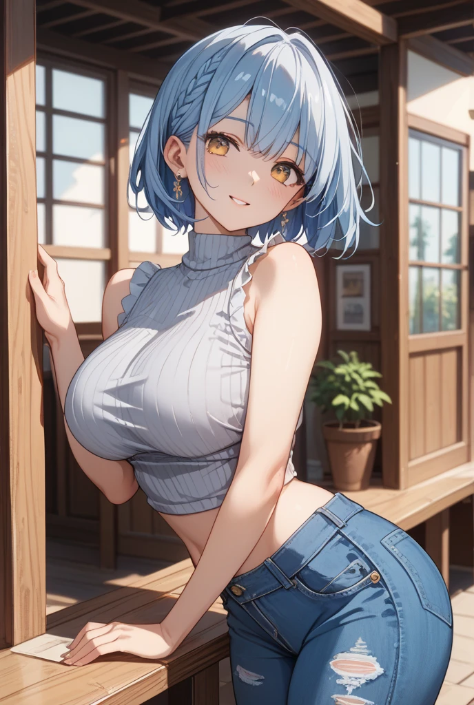 Realistic image, A consistent image, Detailed Images, 1 beautiful girl. She has short light blue hair that reaches her shoulders.、The bangs reach down to the eyebrows。. On top of the bangs, Yura is wearing a black headband and a hairpin on her left side.。. purplish yellow eyes, Long eyelashes. Her face is oval and delicate.. Smile seductively. ((A shirt that exposes a large chest)), Jeans Shorts, Thigh-length stockings. She has a curvaceous figure, Medium bust and thick thighs. Surrounded by European shops, Petals falling. Natural light in front, Volumetric lighting