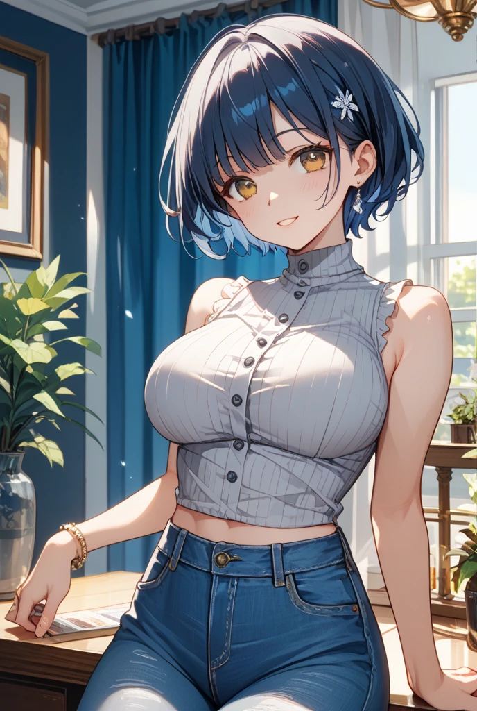 ((masutepiece, Best Quality, High resolution, extremely detailed 8K, Beautiful girl with a slender body, Ultra HD, Ultra-detailed, Highly detailed, anime screen cap:1.3, anime colours:1.2)), suguha, (1girl in), (A dark-haired), bob cuts, (Dynamic Poses), facing at camera, lightsmile, (beautifull detailed face, Beautiful detailed eyes), (Large breasts: 1.2), (Huge breasts: 1.2), (White tank top, Thin material), cleavage, Dark Jeans Shorts, Cowboy Shot, Sweat, (Sunlight)