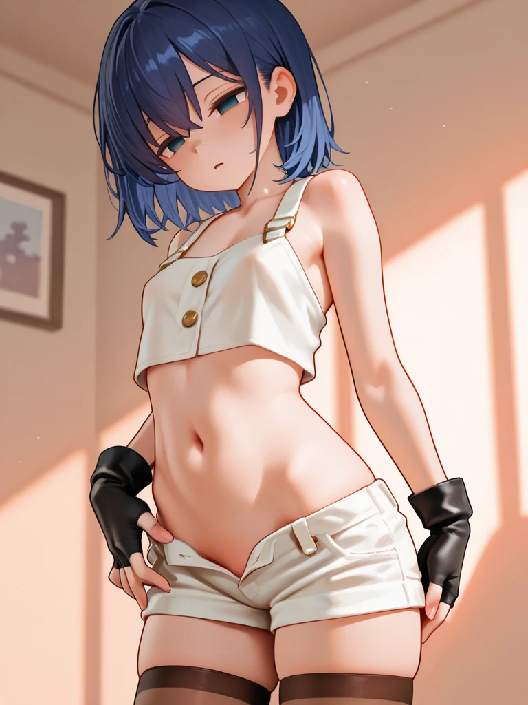 (masterpiece,nsfw),((best quality)),detailing,((nsfw,after rape)),1woman,solo,25 year old beauty、(extremely beautiful detailed anime face and eyes),dark blue hair,short hair,blue eyes,crying,look of despair,drooling,steam,small head,ideal ratio body proportions,medium breasts,slender body,(gleaming skin,oily skin,shiny skin),(Perfect Anatomy),lying,,((white underwear、white bra、navel、white panties))、(shackles,chain),indoor、prison、dim lighting、