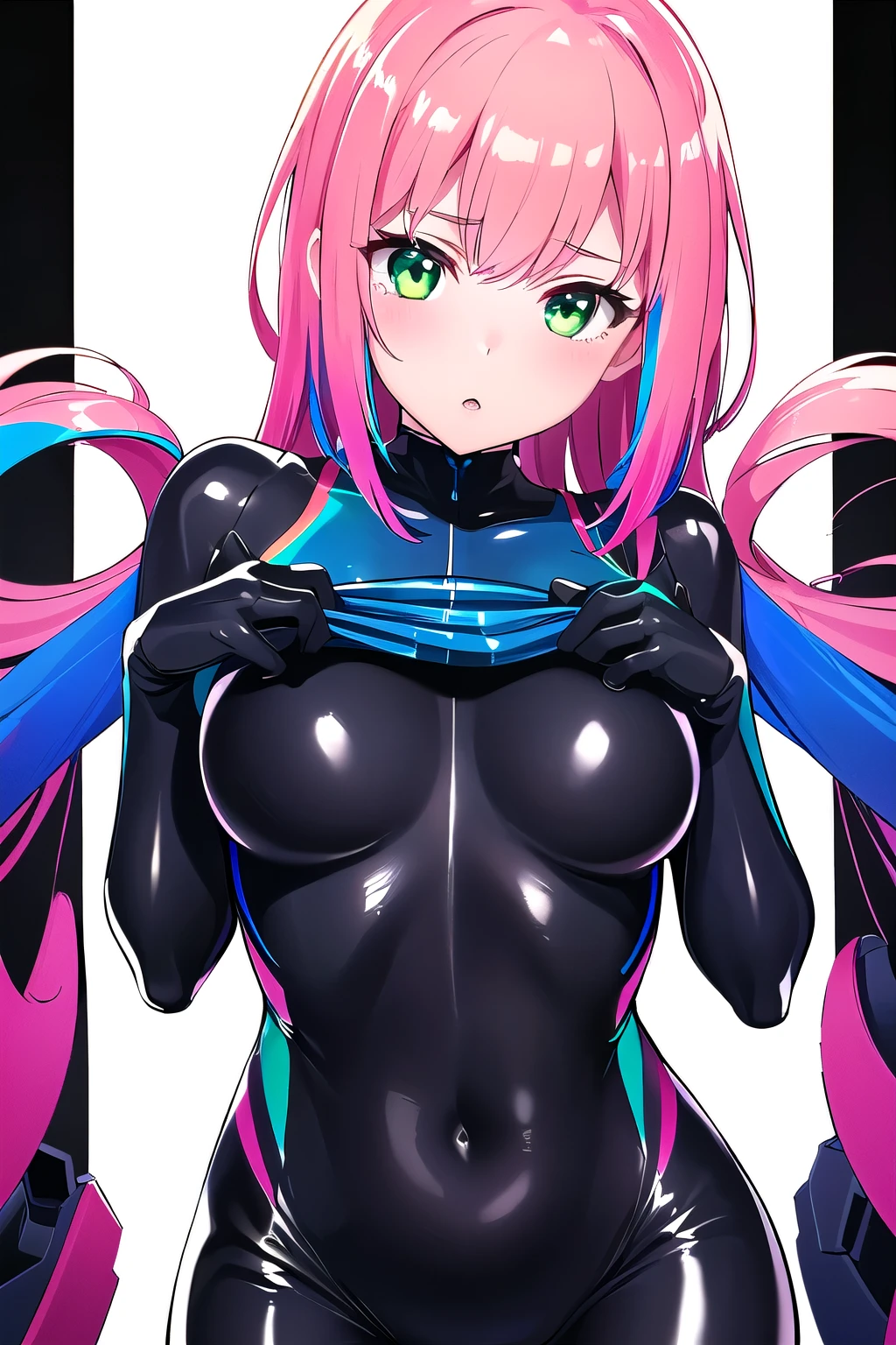 ((​masterpiece、top-quality:1.5、a high chroma:1.5、ultra-detailliert、high-resolution illustrations:1.5、Ultra-high-definition CG、8k size wallpaper、offcial art))、(1girl,),(cute face,cute eyes:1.5)、(clear face:1.3)、(sexy body),(),(erotic pink latex suit、chest cutout:1.5 ),(fluorescence multicolored hair:1.5), (large breasts:1.5)、
,(Glossy costumes),()、(cowboy shot:1.5)、rainbow-colored hair