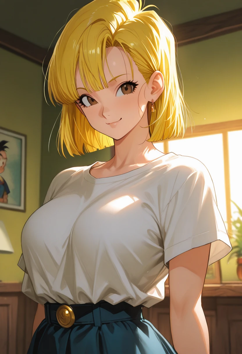 bright yellow t-shirt short sleeve, jeans shorts low rise, classroom background, mei terumi, oda non style, anime cels style, smiling, long hair, blonde hair, (ponytail), green eyes, ((hair over one eye)), (pink lipstick), best quality, high resolution, (cowboy shot, 1 girl, 30yo,Young female,Beautiful Finger,Beautiful long legs,Beautiful body, Beautiful Nose,Beautiful character design, perfect eyes, perfect face,expressive eyes, perfect balance, looking at viewer,(Focus on her face), official art,extremely detailed CG unity 8k wallpaper, perfect lighting,Colorful, Bright_Front_face_Lighting,White skin, (masterpiece:1.0),(best_quality:1.0), ultra high res,4K,ultra-detailed, photography, 8K, HDR, highres, absurdres:1.2, Kodak portra 400, film grain, blurry background, bokeh:1.2, lens flare, (vibrant_color:1.2),professional photograph, (Beautiful,large_Breasts:1.4), (beautiful_face:1.5),(narrow_waist), she is groping her breasts with both her hands