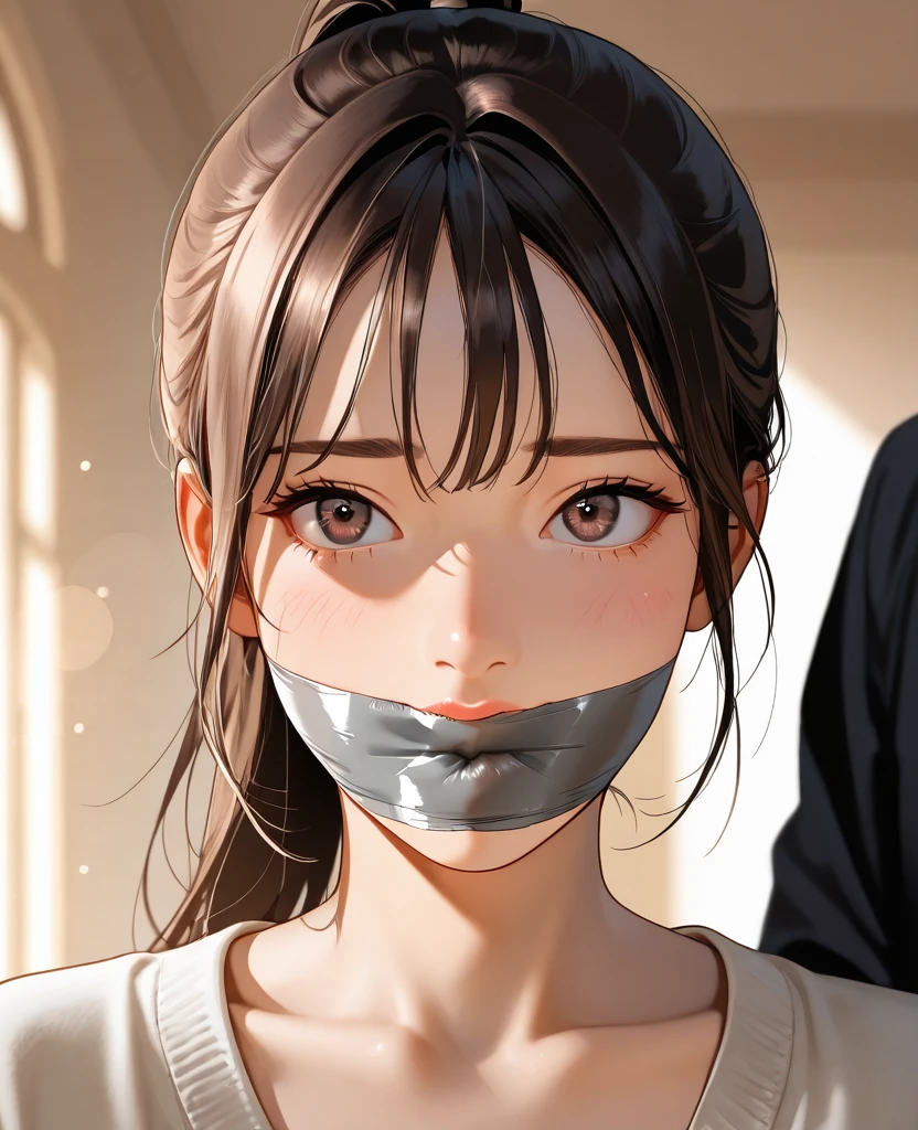 1lady solo, /(tight volleyball uniform/), /(dark brown hair/) bangs, blush light smile, (masterpiece best quality:1.2) delicate illustration ultra-detailed, BREAK /(volleyball court indoors/)ballgag ,bondage (Shibari,hands tied behind back:1.5), (Shibari:1.21),Tied up drooling