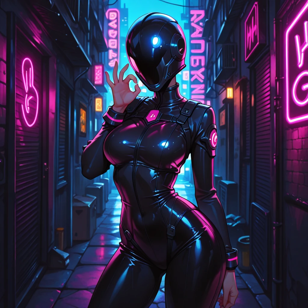 Dronificated unknown woman in a fully enclosed black latex fullbody suit with black lights across the suit and heart shaped glowing core in the chest, fully enclosed cyber helmet that cover her whole face and hides her identity with only two glowing black lines in it's otherwise, empty black face, huge breast, narrow waist, wide hips and thick thigs, walking down a street, no face, no hair, no mouth, no eyes