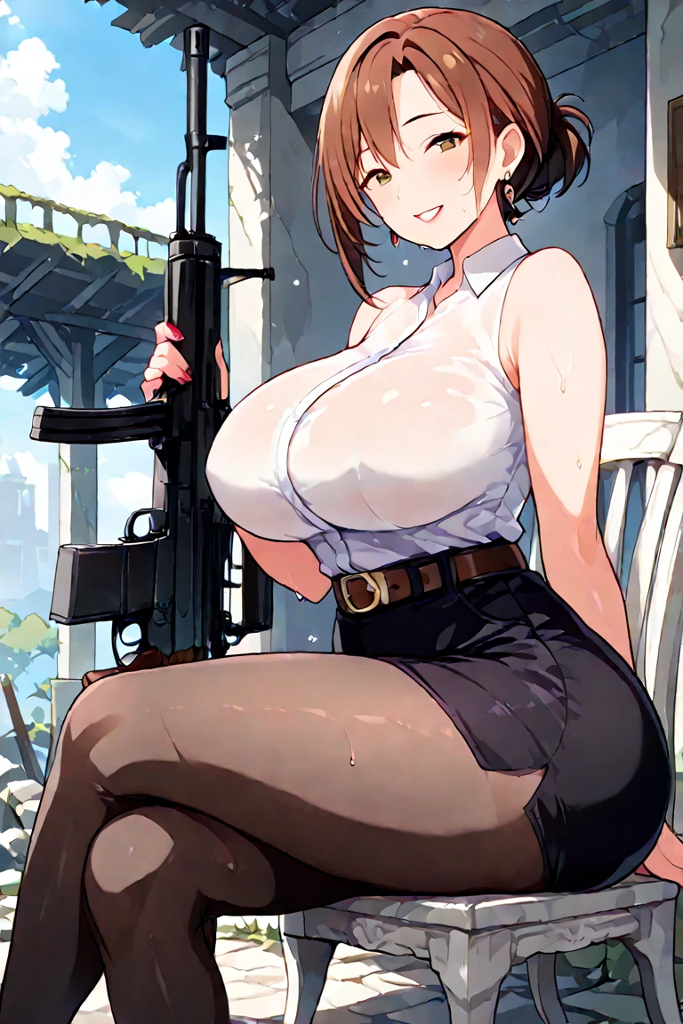 1girl, short orange hair, black-green eyes, orange tank, blue shorts, black footwear, deep cleavage, large breasts, outside, sunny day, realistic, glowing eyes, standing girl, full body, navel, pregnant girl, thigh, 18th years old, big pregnant