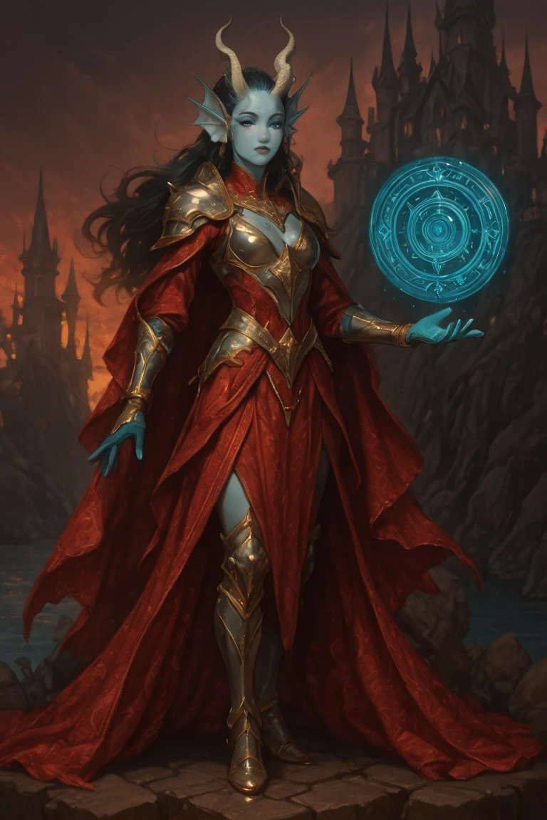 Keep everything from the original without flaws, character description, female 40 years old, Tiefling, playable race of DnD, the race was changed.
The changes in the character: ears with long and prominent gills, have a light blue skin tone, illuminated skin with pearly reflections with a texture as if it were wet, has some designs like arcane glyphs tattoo on her, eyes with sparkling blue irises, on her head she has a pair of horns of the same tone as her skin but a little darker and rougher, her tail has fins and gills, at the tip there is a leaf-shaped fin to help make quick movements in the water while swimming.

Affections and makeup: Her hair is black and loose, the character uses makeup: eyes with silver and lilac shadows, metallic blue eyeliner and small magical sparkles. Lips in deep tones like bluish wine. Her nails are dark, thick, thick, pointed and polished. She is in a middle a giant hall of a big castle.

costume: Silver breastplate with polished metallic finish and ornamental contours, anatomically shaped to fit the bust, featuring articulated plates adorned with fine chains and engraved patterns; large, pointed pauldrons made of the same silver metal, etched with arcane runes or mystical symbols; long sleeves made of deep blue fabric with an elegant finish; matching blue gloves made of leather or similar material, extending to the forearms and seamlessly integrated into the armor; armor extending over the hips with metallic plates and flowing blue fabric draped like a side tunic; decorated with golden chains and embellishments; tight black pants with silver armored sections on the thighs and knees, matching the upper armor; long, flowing blue cape attached beneath the pauldrons, falling elegantly behind the body; color scheme of vibrant blue, metallic silver, golden accents, and subtle black on flexible areas