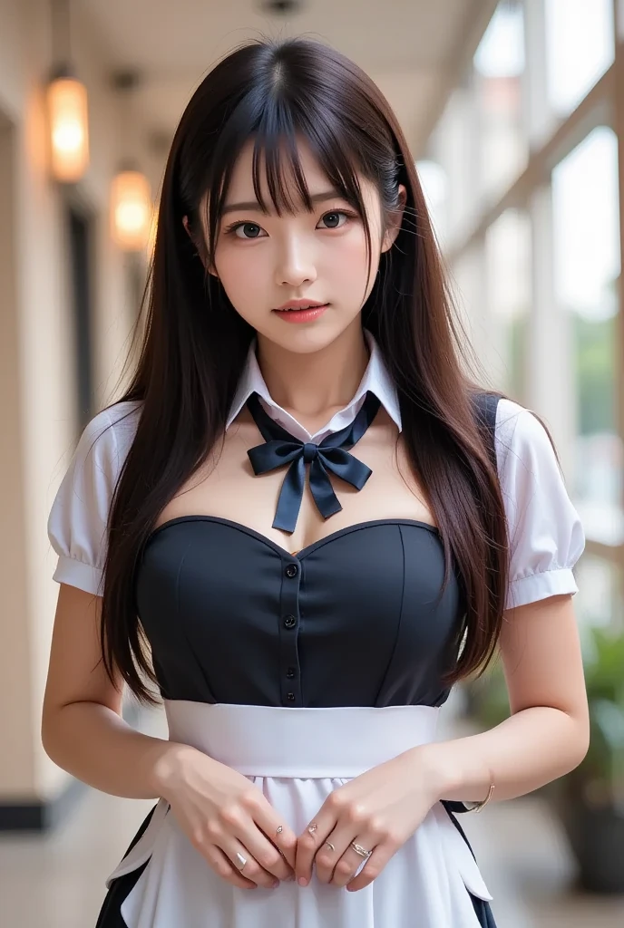((best quality)), ((masterpiece)), (detailed), perfect face, big bust, short skirt, stockings, High school girls, cafe, thin face, Slender, cleavage