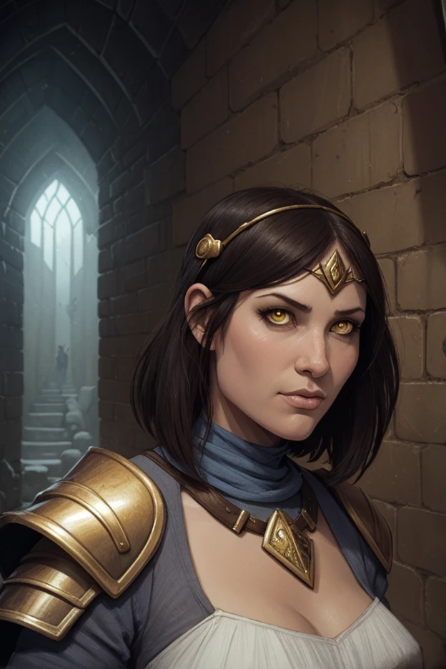 (masterpiece), best quality, expressive eyes, perfect face, detailed eyes, dark fantasy, Margot, viking clan, viking warrior, cleavage, black and gold outfit, massive snoopy breast, badass woman, sensual ,