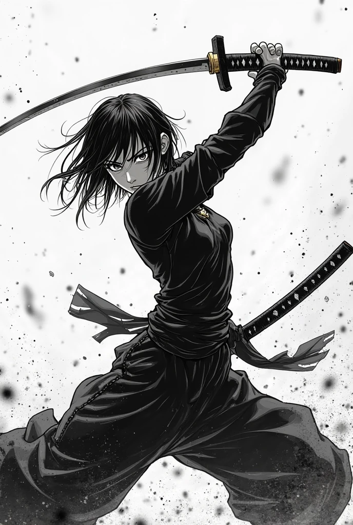 Anime pictures of a woman with a scythe and a black monster, black and white manga style, mixed style of Nippin Tun