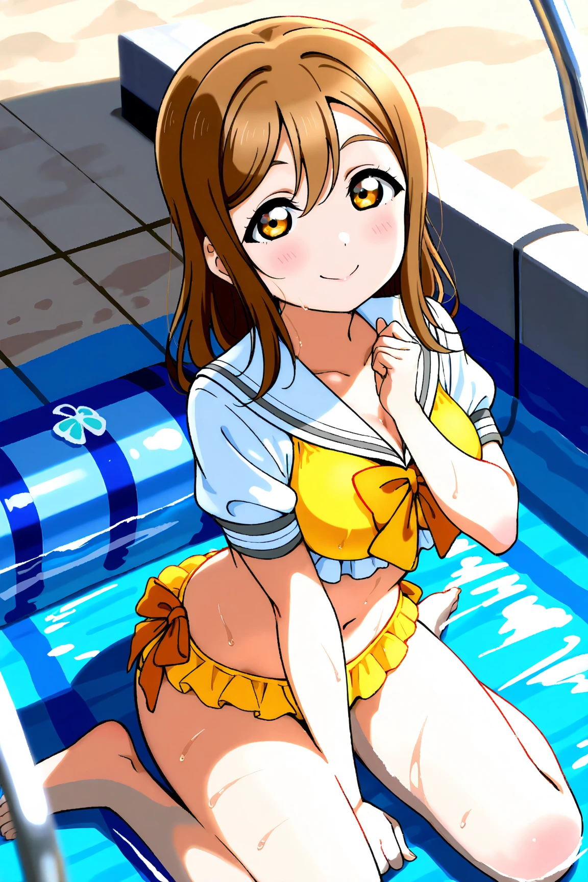 Honoka kousaka love live, blue eyes, orange hair,hair flower, solo, (white multilayer bikini:1.2),wet, on ground,wariza, finger to mouth, big breasts ,cute expression,full body,spread legs