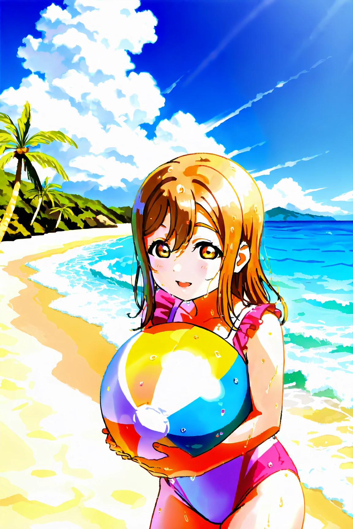 A poster with the words "I ♡ ocean!". a beautiful bimbo holding the poster, Misaka Mikoto, The background is the beach, School Swimsuit