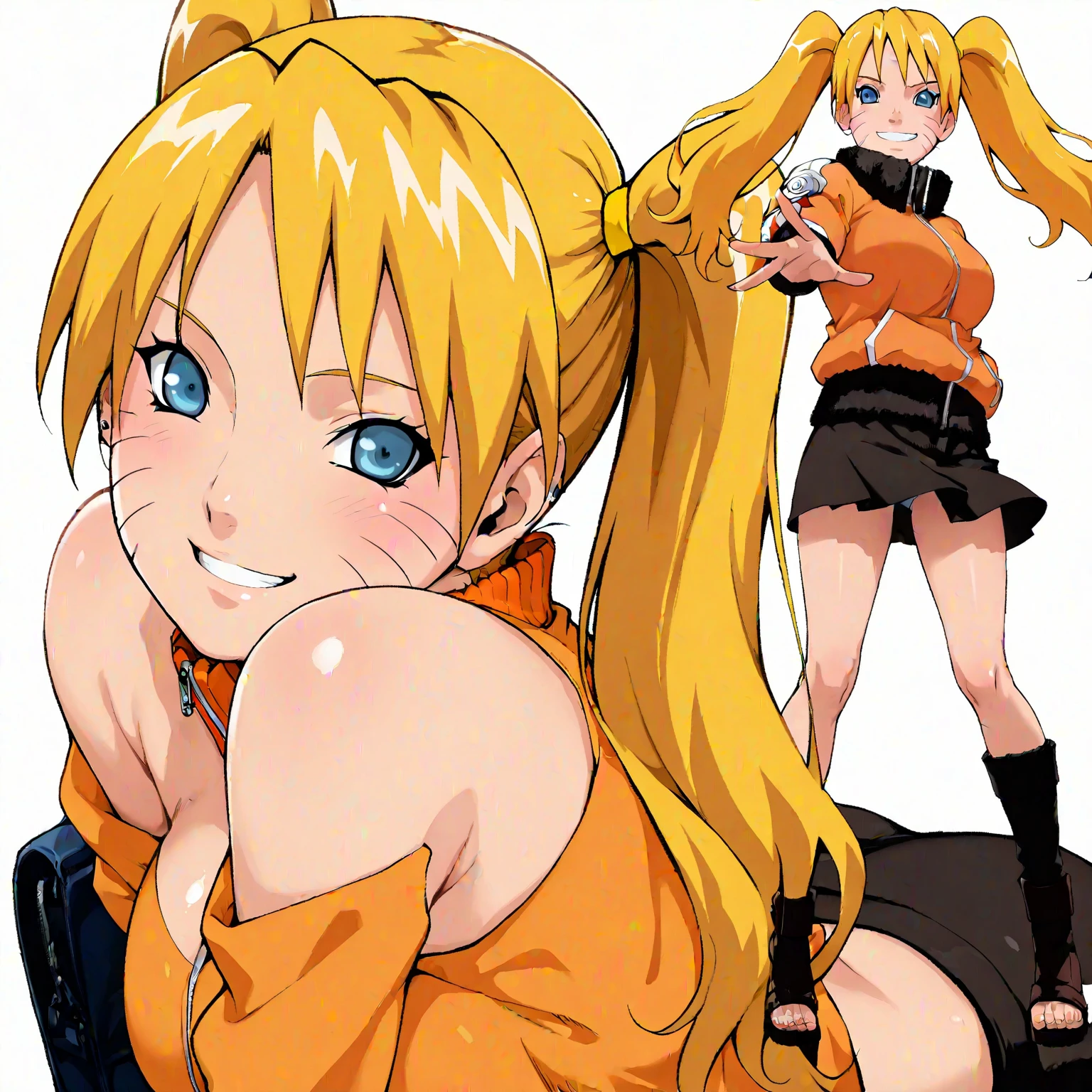 High school anime girl sitting on an armchair holding her breasts with a mischievous smile