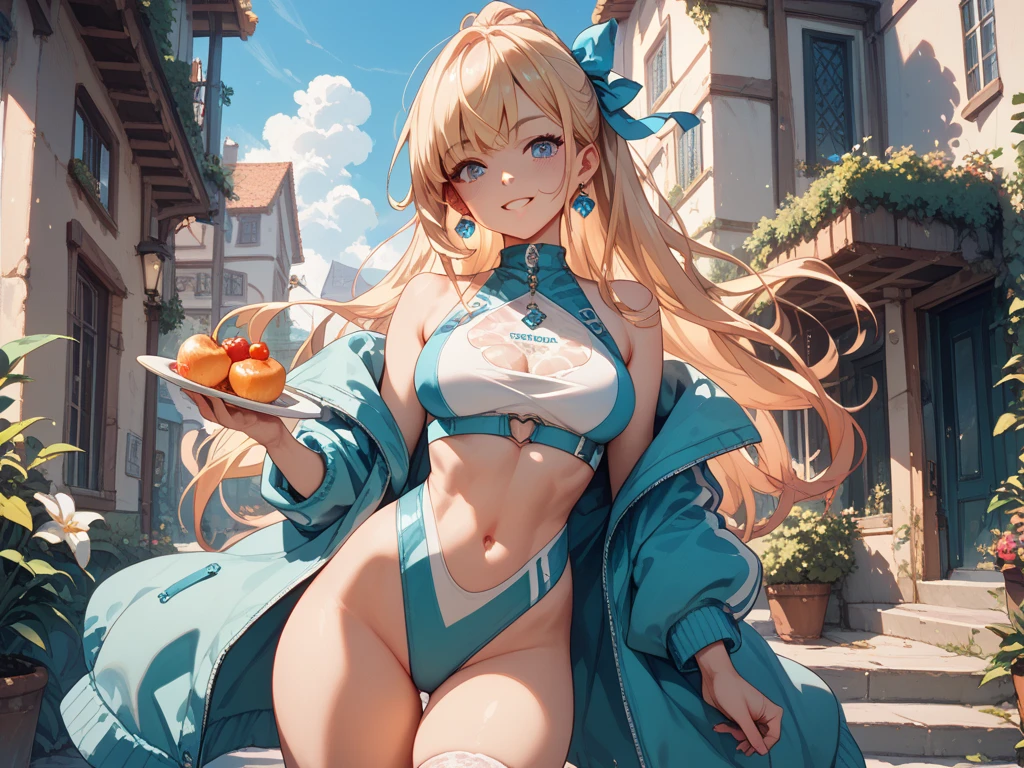 Super detailed、Highest quality、Best image quality、masterpiece、8K、(shoulder-length blonde hair、Medium Long Hair)、(Open mouth smiling)、((SFW Huge Body))、(((Rear View)))、Cowboy Shot、(White Thong)、Two women standing side by side with their butts facing the viewer