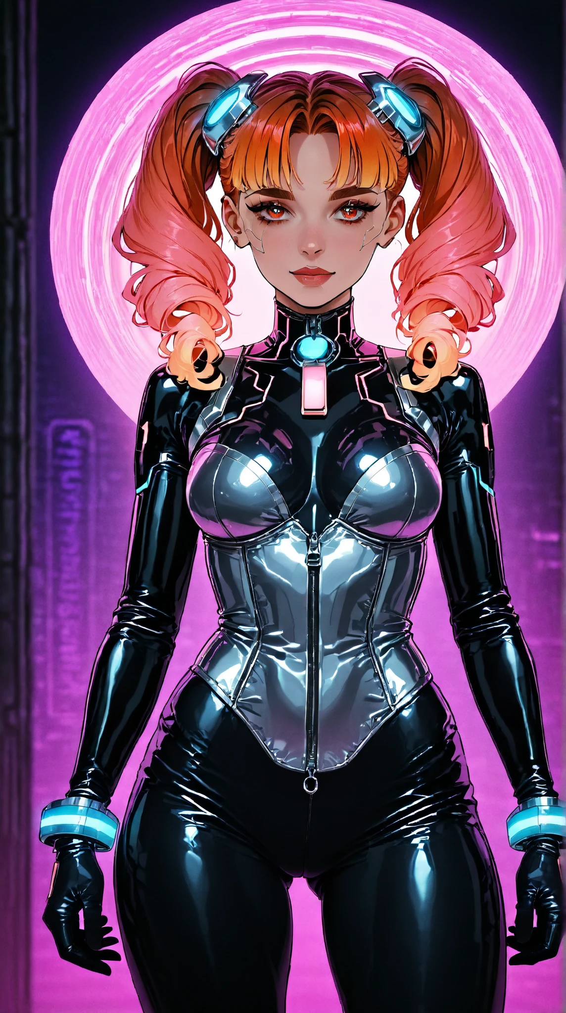 A beautiful Asian young woman in a synthwave-inspired sci-fi outfit, featuring a reflective silver corset with futuristic zipper detailing, black latex gloves, and shimmering cybernetic accessories. Her pink twin tails flow elegantly, adorned with metallic and neon hairpieces. She carries a retro-futuristic handheld device with barcode-like patterns, adding a nostalgic, vaporwave touch. The background is a neon-drenched digital world, radiating cyberpunk and retro-futurism. Highly detailed, soft glowing lights, 4K ultra HD, cinematic portrait.