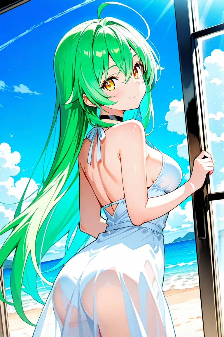 masterpiece, best quality, High quality, beautiful woman, 1girl, (green wavy long hair: 1.2), green eyes, Wear round glasses, medium breasts, shiny skin, light smile, cowboy shot, Sky、firework、Ocean、Sandy Beach、(Realistic Shadows)straight-on、nsfw, ((pussy)), ass focus、White scrunchie、stylish pose、A good wink(Drunk:1.2)head tiltskinny 、slim wais、((nude)), from behind,