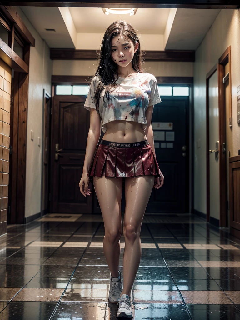 Young Asian woman with loosely fitting clothes jumps out of a skirt and does a Kung Fu stance and is embarrassed and ashamed as she looks to see that she is in her pink lace panties as she looks at the viewer