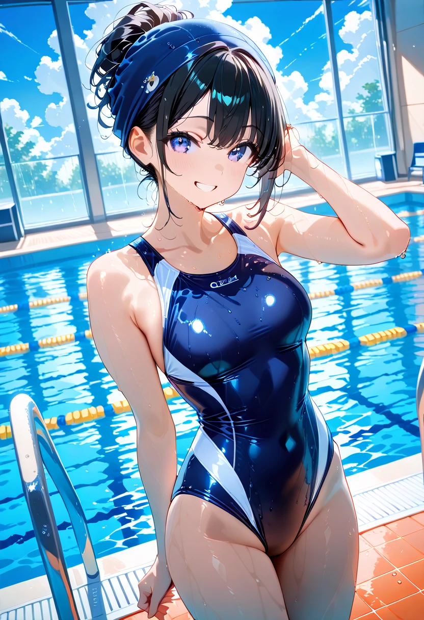 (Unity 16K Wallpaper, Masterpiece, Best Quality, Ultra-Detailed, Extremely Detailed CG, Caustics, Cinematic Lighting, Detailed, Beautiful Detailed Eyes, solo,swiming pool),Ultra High Resolution, fine skin、sexy,curby,nsfw,(school swimsuit:1.3), small breasts,14 years old、from side、get into the swiming pool、show armpit、pink eyes