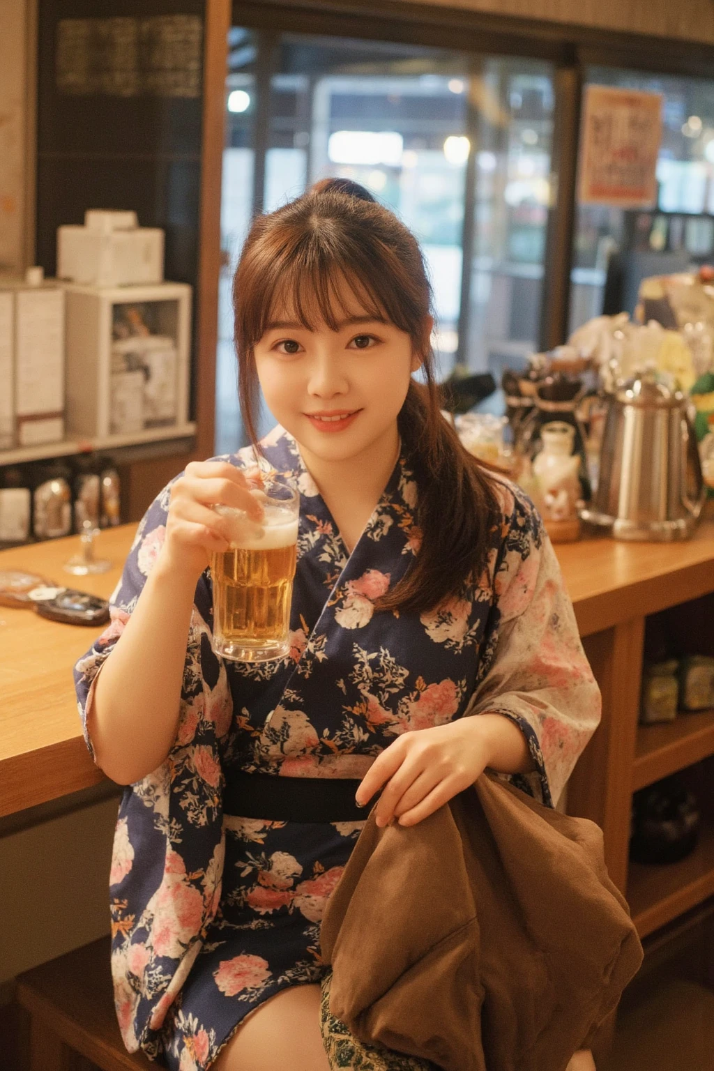 ((Highest quality)), ((masterpiece)), (detailed), Japanese, 40 years old, Beauty, Front face,Upper body close-up,smile, Nagoya,Facial wrinkles, In pajamas,After a bath,sexy,Holding a beer, Inside the house