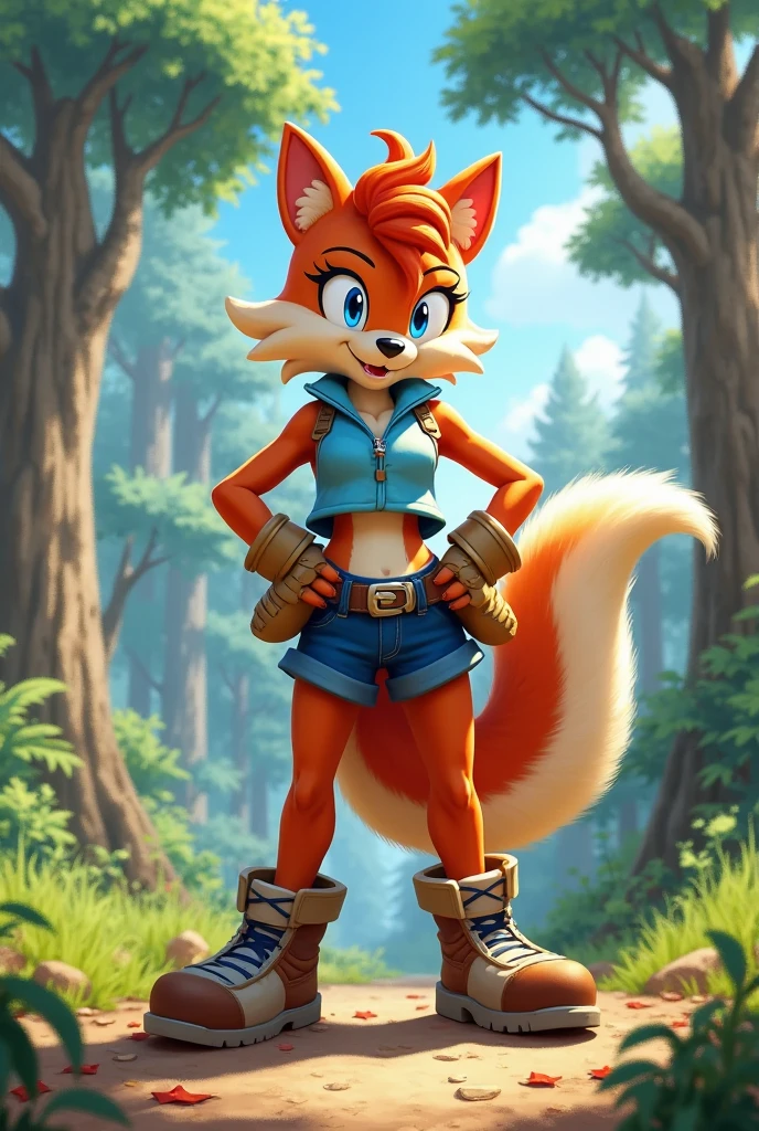 Megumi Bandicoot, furry, capri pants realistic textures, crop top, midriff, happy furry smile, detailed forest background, high res, sun rays, river