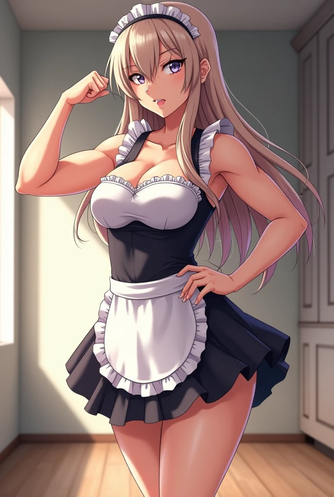 masterpiece, best quality, blonde messy hair, green eyes, headband, maid, kitchen, upper body, strong abs, hands on hips, leather collar choker