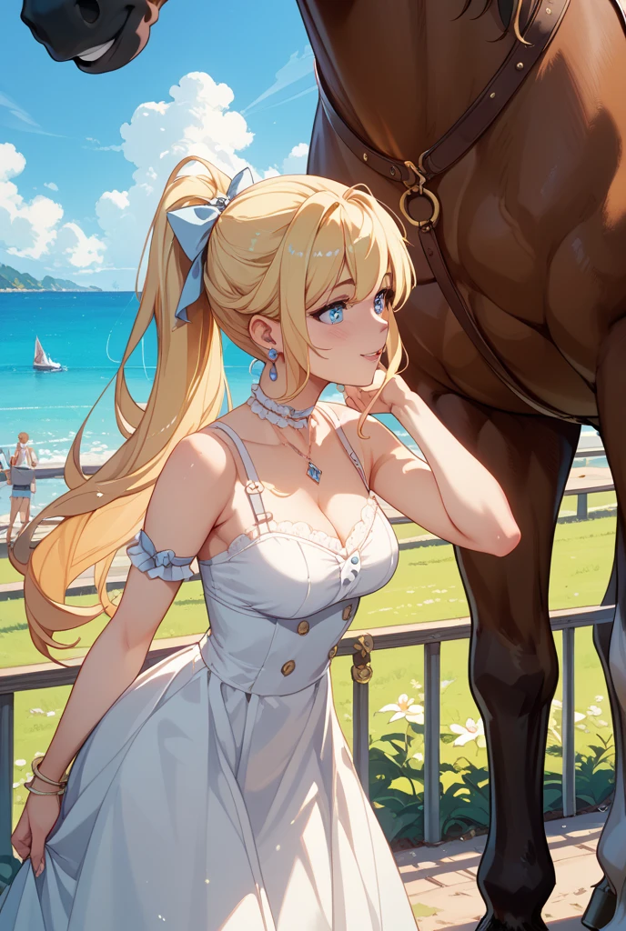 (masterpiece, best quality:1.2), 1 Girl, Solitary, blond, Blue hair band, 左边是Blue hair band, White blue bra, Black gloves, knight skirt, Gray background