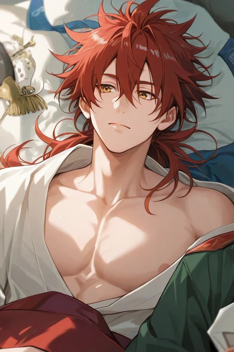 1 male, solo, masterpiece, best quality, (grin, looking back:0.5), (red hair, short hair, bangs, fluffy hair:1.0), green eyes, fair skin, (wrapped in white sheets, nude, sitting on bed), collar, animal collar, leather collar, bedroom, Middle Ages, fantasy