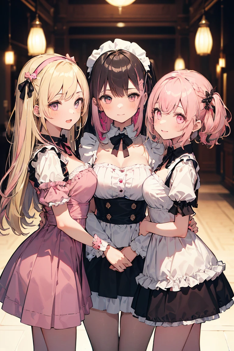 Aristocratic mansion with luxurious furniture,Royal style,A bright room with lots of light....,parlor,Office,Lots of maids,fluffy hair,Light brown, pink and white mixed hair,Her chest is wide open and you can see her cleavage.,Fluffy maid outfit with plenty of volume,a man between two maids,3 close contacts,our chests are rubbing against each other.,Slight red tide,Face writhing in pleasure,AHE Face,ecstacy,Hypnotized,Hollow eyes,Smile slightly