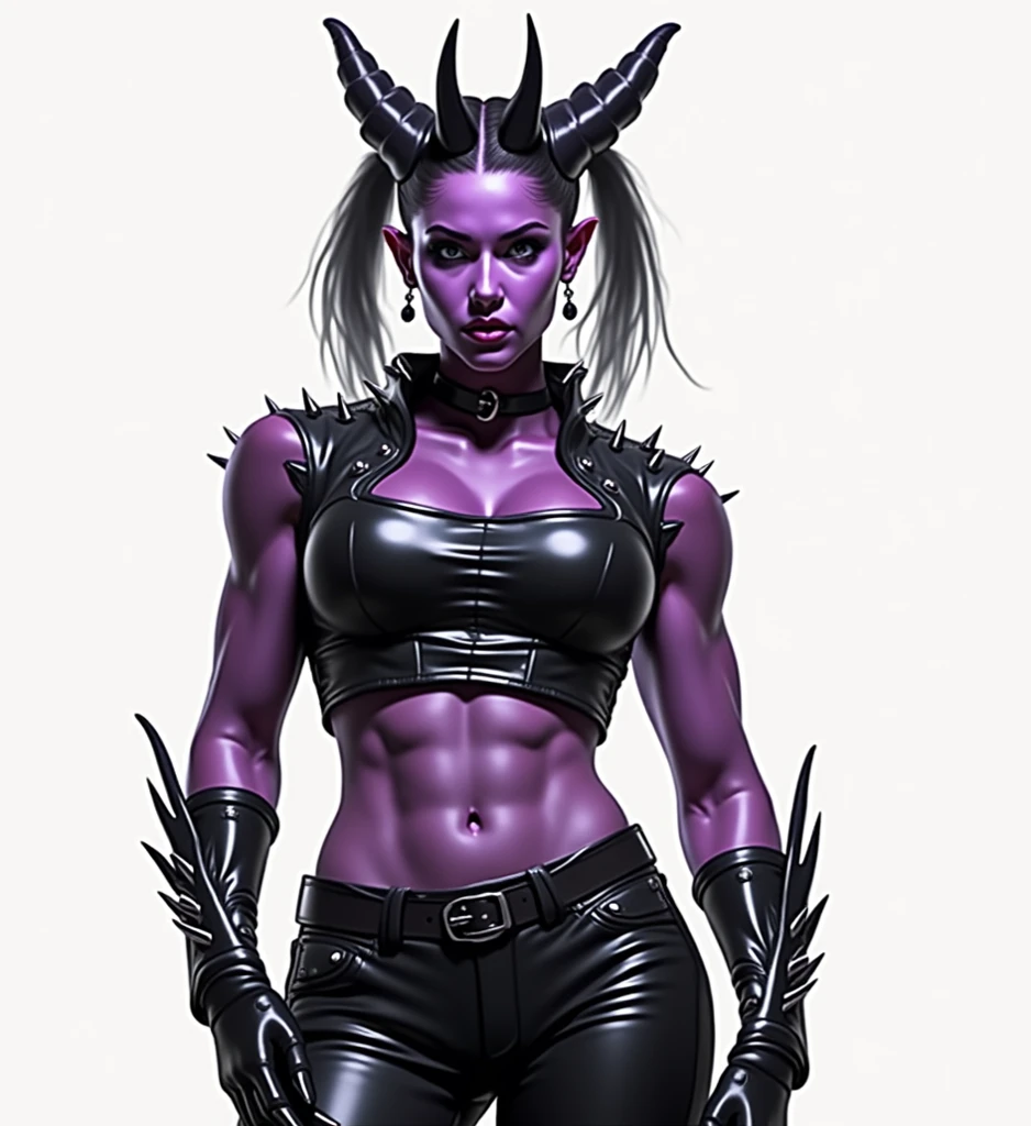 a sexy female succubus (( full nude body)) big nude tits, perfect nude vagina, purple bdsm gear, very short black spikey mohawk with an undercut ,shine,shadows,shading,beautiful,sexy,high quality,8k,photorealistic,detailed,dramatic lighting,chiaroscuro,dark fantasy,moody,sultry,alluring, portrait, tongue out, has demonic wings, feint aura, glowing tattoos, muscular, butch, masculine, rhea ripley