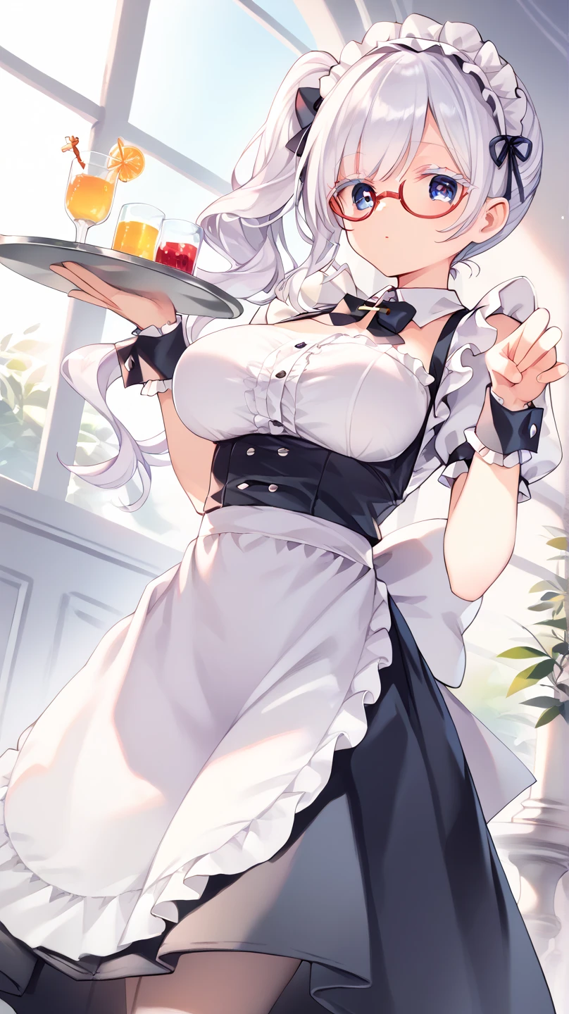 (Highest quality, masterpiece), (Ultra-high resolution, 8k RAW photos, Photorealistic:1.5, Cinema Lighting, Fabric Shading, Thin contours, Clear focus:1.2), Beautiful mature woman making tea_Garden party, Standing by the round table, Serve tea, Leaning forward, (Meisen tea set, you can, Tea cup, Some cakes on a plate), Delicate and elegant French style white table with gold accents and royal_green, (薄茶色のMaid clothesを着用:1.5, Cleavage, Maid clothes:1.2, Long Flared Skirt, apron, Bow tie on chest), Tall Sally, Long legs, Gray Hair, (Wearing thin glasses:1.2), (Mature Woman:1.5, 28 years old, alone), (Large Breasts, Saggy breasts, big , Tight waist), whole bodyesbian, (medium short Gray Hair, Hair on one eye, (Updo:1.2), Side Lock, Asymmetrical Hair, Wavy Hair), (thin and bright pupils, Highlighted, detailed eyes:1.3, A face with attention to detail, perfect face shape, Bloodshot eyes), (A seductive smile, Half-close your eyes:1.2), (Looking at the audience:1.3), (Dutch Angle, whole body:0.3, From below:1.2), ((Correct Anatomy:1.5, The right move)), (Ideal body proportions), (Outdoor:1.2, grassland),