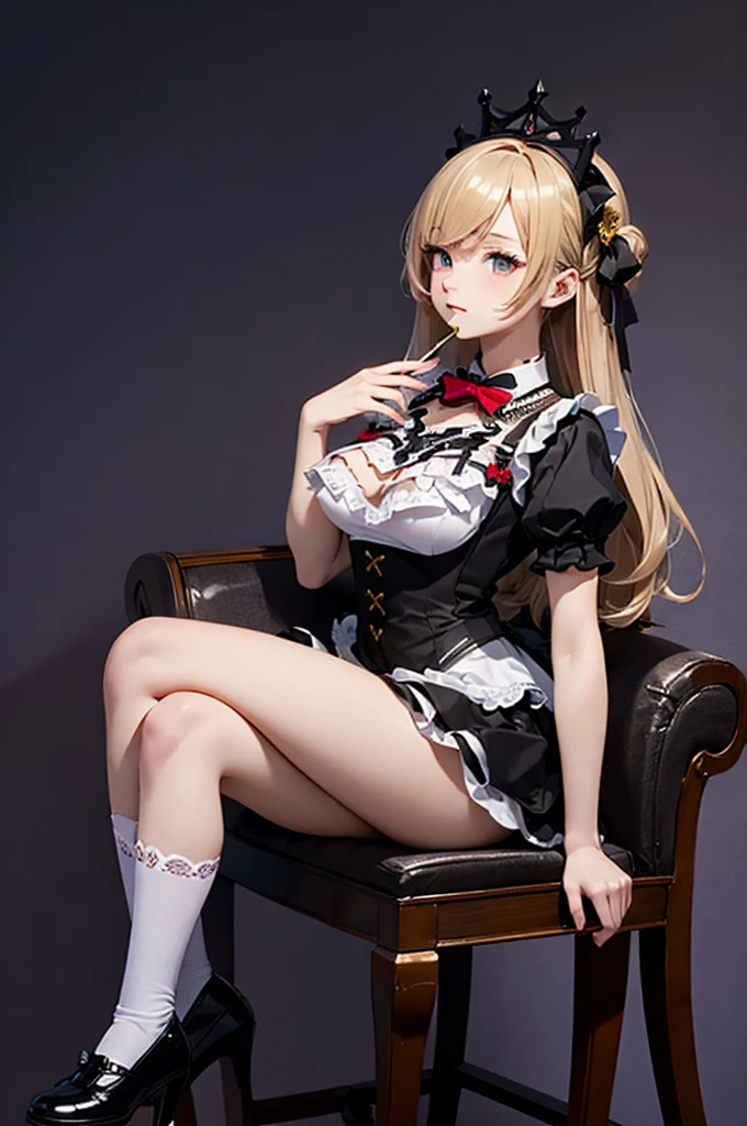 hightquality,, a beauty girl, Brown medium hair, yellow  eyes, Moderately large breasts, Crystal clear white skin,,  Black Mini Skirt Dress, knee high socks, a black choker,