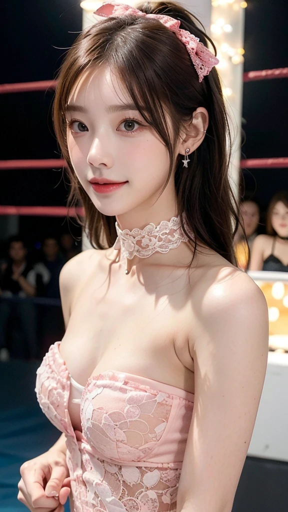 ((masterpiece: 1.4, best quality))+,(ultra detail)+, official art, unity 8k wallpaper, ultra detail, beautiful, high quality, Highlight your cute face, masterpiece, best quality, semi straight medium length hair, Bangs up to the eyebrows, (((Always in the pro wrestling ring))), (Very light pink lace lingerie:1.5)), (((bust:1.5))), High exposure, skinny body,masterpiece, high quality, 8 thousand, beautiful spotlight, no. no. no. no. No. 1 girl group idol in Korea, ((vivid:1.5)), ((brown eyes, blonde hair:1.3)), (Small and round breasts:1.2), ((colorful earrings, white neck choker, white short lace gloves)), 18 years old, small face, looking at viewer, (hairpin with larger ribbon:1.4),(skinny abs:1.1), (They look at each other and look very happy :1.5), ((Both cheeks turn red)), Accurately distinguishes between the bodies and limbs of two people....:1.5, wear a black mask