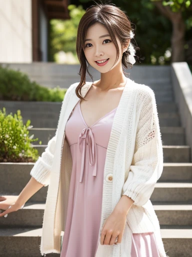 Family restaurant parking lot, full-time housewife, ((full body)), ((photo)), ((best qualtiy, 8K, tmasterpiece:1.3)), Focus:1.2, perfect figure beautiful girl:1.4, 1girl, cowboy shot, look at viewer, incredibly absurd, beautiful and cute girl with a photorealistic face, showcasing top-quality craftsmanship, Japanese woman eating at a family restaurant, 21 years old, medium-long brown hair, parted in the middle with curls at the ends, bangs cut above the eyes, naturally rounded hairline, large chocolate brown eyes, long eyelashes, cherry blossom lips, slightly high nose, oval face, fine skin, plump cheeks, soft chin, gentle smile, glamorous, fair skin, large buttocks, beautiful D-cup breasts, beige dress, pink cardigan, floral scarf, earrings, hair accessory, pretty older woman, beautiful, glamorous, gentle, attentive, passionate, curious, loves to talk, September