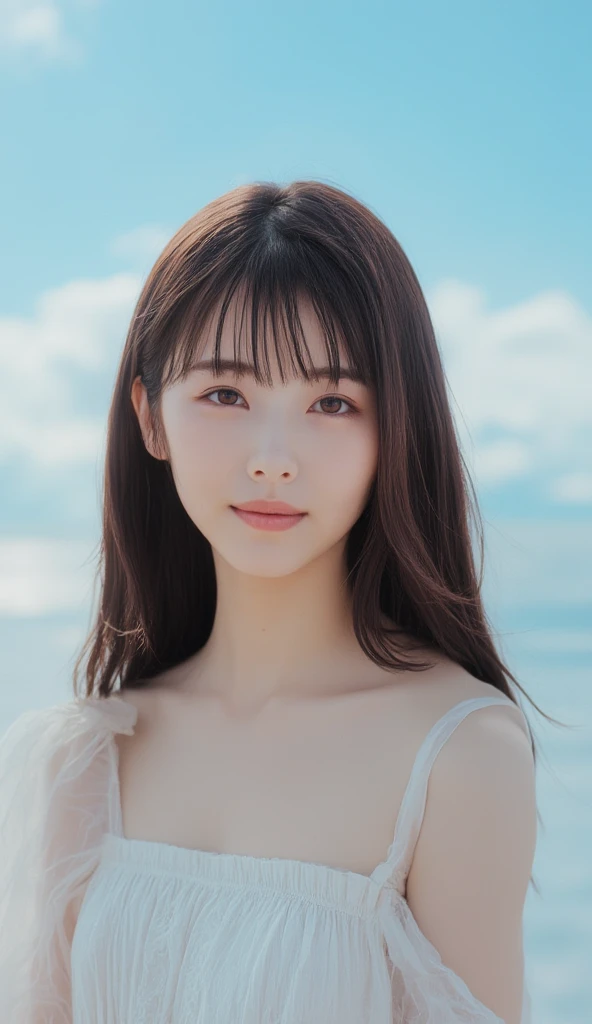 (Highest quality, 32k, High resolution, Masterpiece:1.5), marimo_jet, god々A photograph with brilliant dazzling and healing power., Evoking a sense of calm and elusive beauty, Expressing emotions, Have a rich imagination, Beautiful Japanese Girls, An exceptionally beautiful face, Small Face Beauty, , Perfect Human Anatomy, Magical big eyes, Motherhood and generosity, Deep Love, fleeting smile, Shiny black hair, Super long hair swaying in the wind, Asymmetrical bangs, Hair between the eyes, Transparent, soft white skin, Sharp eyebrows, Thin lashes, ((Natural Makeup:1.3)), White dress, High resolutionの完璧な鎖骨, High resolutionの美しい胸元, Slim figure with ample breasts, High resolutionの美しい太もも, ((Distant Horizon:1.5)), ((The very beautiful Uyuni Salt Flats:1.3)), Beautiful detailed blue sky, Professional photographer, Professional Lighting, Professional models